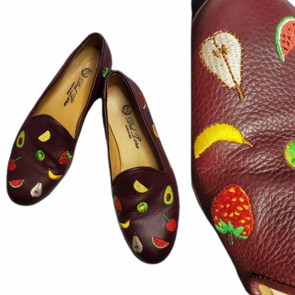 Del Toro Loafers Fruit Embroidered Burgundy Leather Shoes 7